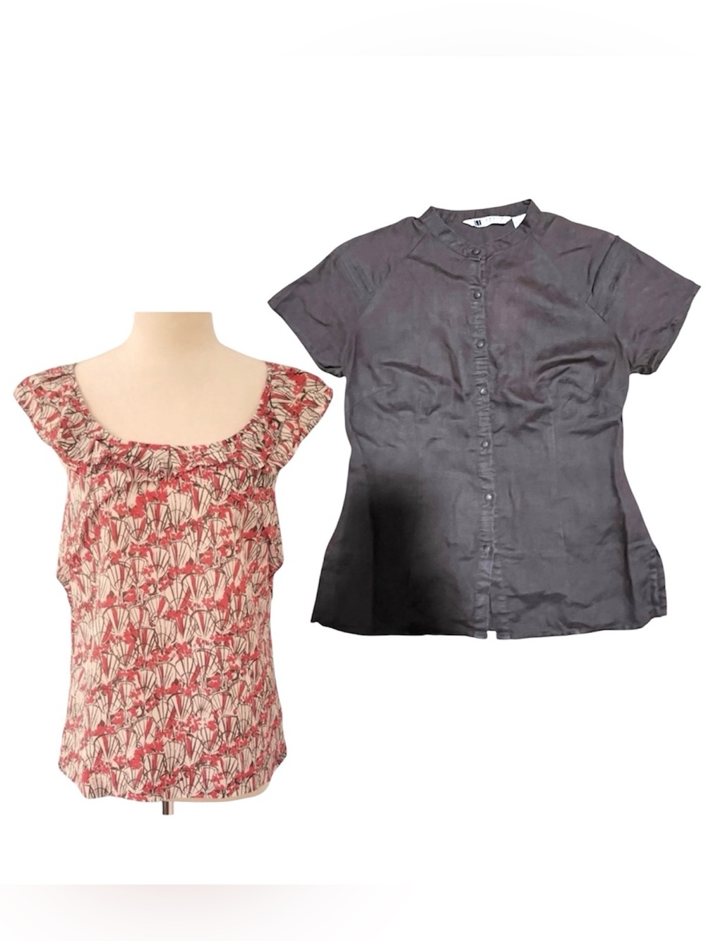 Carole Little Short-Sleeve Button-Front Linen Top in Brown & Anthropologie Top